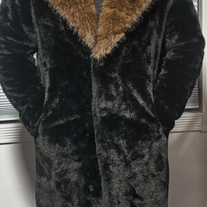 Men's Black Faux Fur Coat with Brown Collar